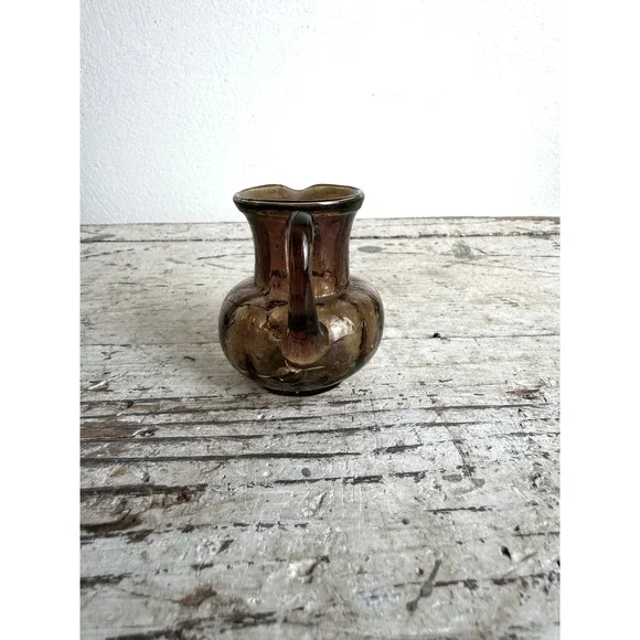 Vintage Hand Blown Amber Glass Mini Pitcher Iridescent Luster Small Bud Vase - Picture 4 of 6